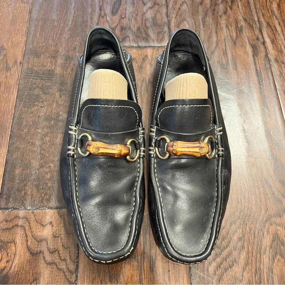 Authentic Gucci Men’s Black Leather Bamboo Horsebit Slip on Loafers